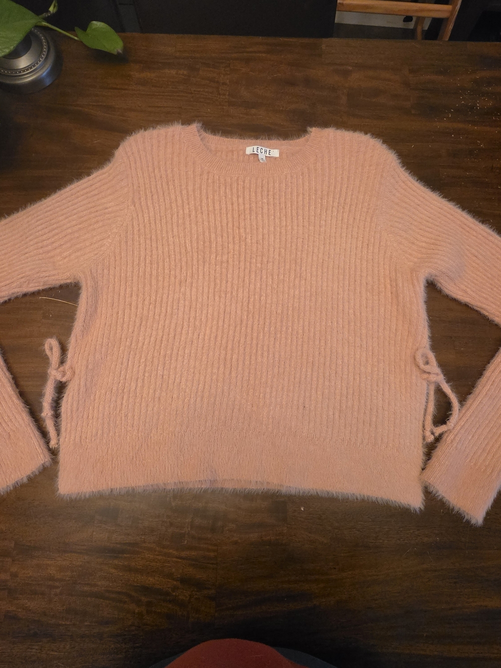 Leche Fuzzy Peach Cropped Sweater with Side Ties - Size M